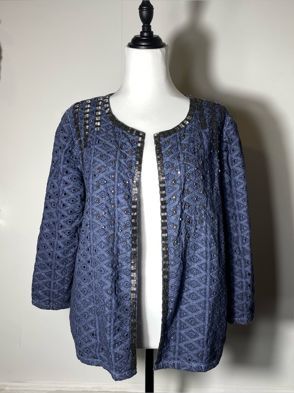 Chico’s Blue Beaded Embellished Eyelet 3/4 Sleeve Open Front Jacket